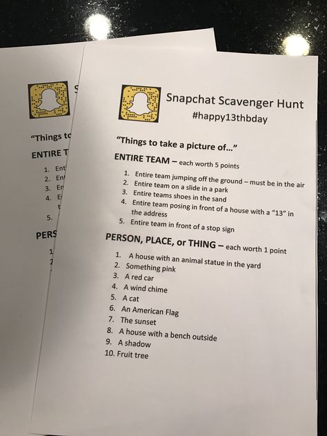 Snapchat Neighborhood Scavenger Hunt Teenage Birthday Party, Teen Party Games, Sleepover Games, Scavenger Hunts, Birthday Party For Teens, 13th Birthday Parties, Sweet 16 Birthday Party, 18th Birthday Party, Games For Teens