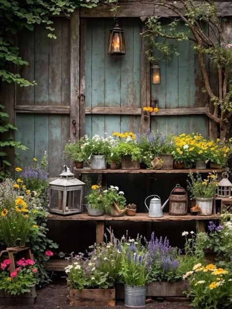 Old Garden Aesthetic, Primitive Garden Ideas, Garden Moodboard, Vintage Rustic Farmhouse, Country Cottage Garden, She Shed Ideas, Small Courtyard, Shed Interior, Small Courtyard Gardens