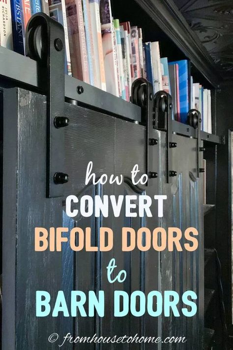 How to convert bifold doors to barn doors Bookcase In Bedroom, Bifold Door Makeover, Home Office Interior Design Ideas, Mini Home Office, Bifold Doors Makeover, Black Bedrooms, Dramatic Bedroom, Bedroom Layout Ideas, Home Office Interior Design