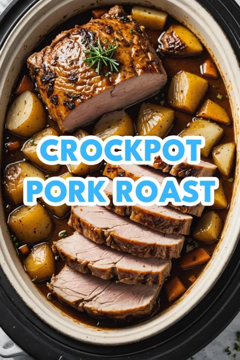 A photo of a  Crockpot Pork Roast which is a type of Crockpot Pork Roast Pork In Slow Cooker, Crockpot Bone In Pork Roast, Crockpot Boneless Pork Roast, Frozen Pork Roast Crock Pot Recipes, Boneless Pork Crockpot Recipes, Pork Toaster Oven Crockpot, Slow Cooker Pork Belly Recipes Crockpot, Pork Ribeye Roast Crockpot, Pork Roast In The Crock Pot