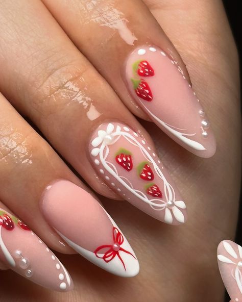 in lovee🥹🍓 . . . #nailart #nails #nailsofinstagram #nailaddict #naildesigns #naillove #strawberry #strawberrynails #whitenails #rednails Strawberry Gel X Nails, Nail Frame Design, Strawberry Shortcake Inspired Nails, Strawberry Theme Nails, Acrylic Nails Strawberry, Strawberry Shortcake Nails Designs, Strawberry French Tip Nails, 3d Strawberry Nails, Strawberry Themed Nails