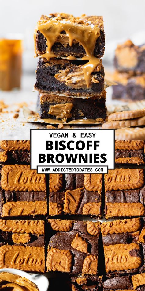 stack of biscoff brownies with cookie butter drizzled on top. Biscoff Dates, Lotus Brownies, Vegan Biscoff Recipes, Vegan Biscoff Cookies, Vegan Biscoff Cheesecake Recipe, Biscoff Cheesecake Brownies, Biscoff Vegan Cheesecake, Vegan Biscoff Brownies, Desserts With Lotus Biscoff