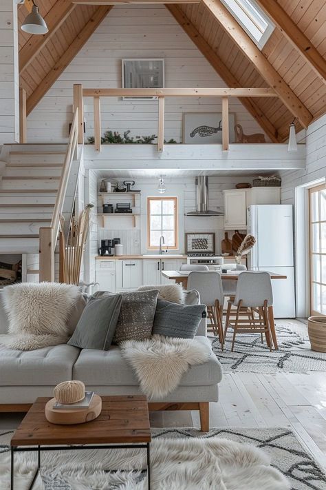 29 Small Cabin Interior Ideas for Cozy and Stylish Living 3 Small Cabin Exterior Ideas, Small Cabin Interior Ideas, Scandinavian Cabin Interior, Cabin Interior Ideas, Modern Cabin Interior, Small Cabin Interiors, Scandinavian Cabin, Barndominium Interior, Cabin Interior Design