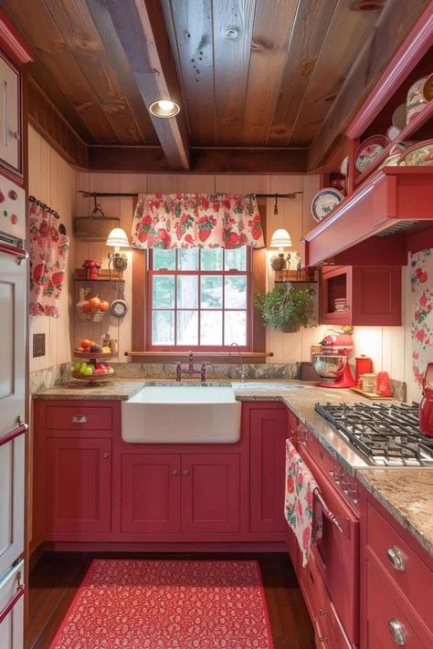 cute pink and red kitchen strawberry theme Fruit Theme Kitchen Decor, Fruit House Decor, Strawberry Kitchen Aesthetic, Pink Strawberry Kitchen, Strawberry Kitchen Decor Ideas, Vintage Strawberry Decor, Vintage Modern Kitchen Ideas, Vintage Strawberry Kitchen, Strawberry Shortcake Kitchen