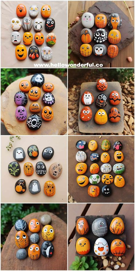 Spooky Fun: How to Paint Halloween Rocks Painted Rocks On Wood, Rock Halloween Painting, Painting Halloween Rocks, Halloween Pebble Art Ideas, Painted Rocks For Halloween, Halloween Stones Painting, Painted Rock Pumpkins, Autumn Stone Painting, Rock Painting Ideas Birds