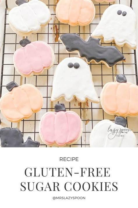 Gluten Free Christmas Cookies Cut Out, Halloween Baking Gluten Free, Gluten Free Icing For Cookies, Gf Sugar Cookies Recipe, Best Gluten Free Sugar Cookies Cut Out, Gluten Free Sugar Cookie Icing, Sugar Cookie Gluten Free Recipe, Gluten Free Cut Out Cookies Easy, Gluten Free Sugar Cookie Recipe Cut Out