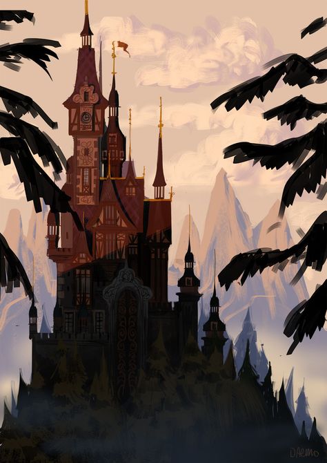 The Art of Daemion Elias George-Cox Disney Architecture, Romanian Castles, Concept Art Landscape, Castle Illustration, Blond Amsterdam, Castle Art, Disney Concept Art, Desenho Tattoo, Fantasy Castle