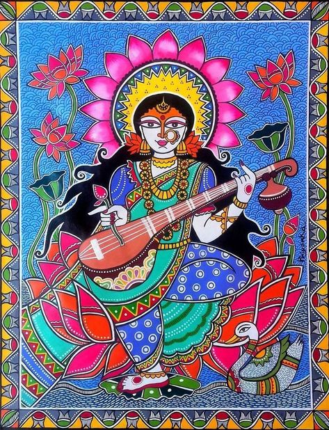 Saraswati Painting Modern Art, Traditional Art Indian, Madhubani Saraswati Painting, Traditional Folk Art Painting, Indian Mythology Art Paintings, Saraswati Madhubani Painting, Traditional Paintings Indian Folk Art, Indian Art Paintings Traditional, Madhubani Paintings Traditional