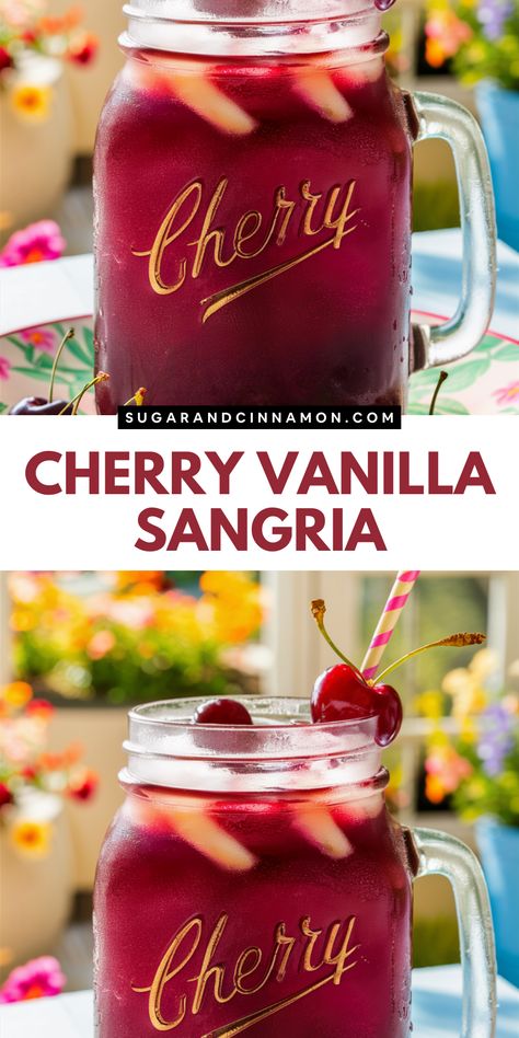 🍷🍒 Dive into a glass of Cherry Vanilla Sangria! This easy-to-make recipe combines the sweet tang of cherries with a hint of vanilla for a refreshing twist on a classic sangria. Ideal for summer soirées or cozy nights in. Try it out and save this pin for your future party plans! Cherry Sangria Recipes, Mexican Sangria Recipes, Cherry Alcoholic Drinks, Sweet Sangria Recipe, Drink Competition, Sangria Recipes Easy, Autumn Beverages, Starbucks Vanilla Bean Frappuccino, Cherry Sangria