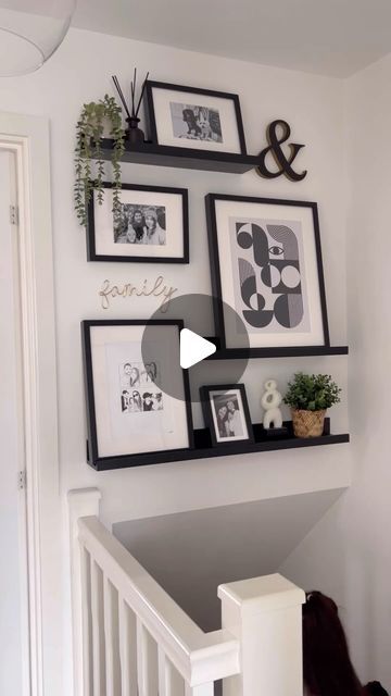 The Range on Instagram: "✨ HOME INSPO from @our_hanbury_hideaway 😍👏🏼  Transform that empty space above the stairs into a beautiful feature piece in only a few steps using shelves, frames & your favourite decor 🤯🤩🙌🏼  #homeinspo #home #homedecor" Stairs With Photos Picture Walls, Shelves Above Stairs, Shelves On Stairs, Space Above Stairs Ideas, Stair Photo Wall, Top Of Stairs Wall Decor, Picture Rail Ideas, Stair Well Wall Ideas, Top Of The Stairs Decor