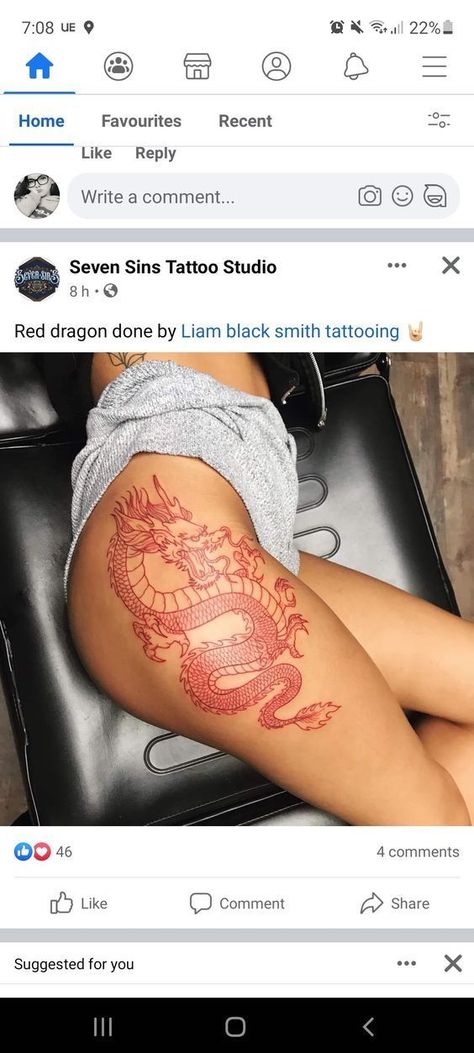 Nikita Dragon Tattoo, Red Dragon Tattoo On Leg, Dragon Tattoo For Women Red Ink, Red Dragon Tattoo On Thigh, Red Ink Leg Tattoos Women, Dragon Thigh Hip Tattoo, Red Snake Tattoo Thigh, Red Dragon Tattoo For Women Thigh, Red Ink Dragon Tattoo Thigh