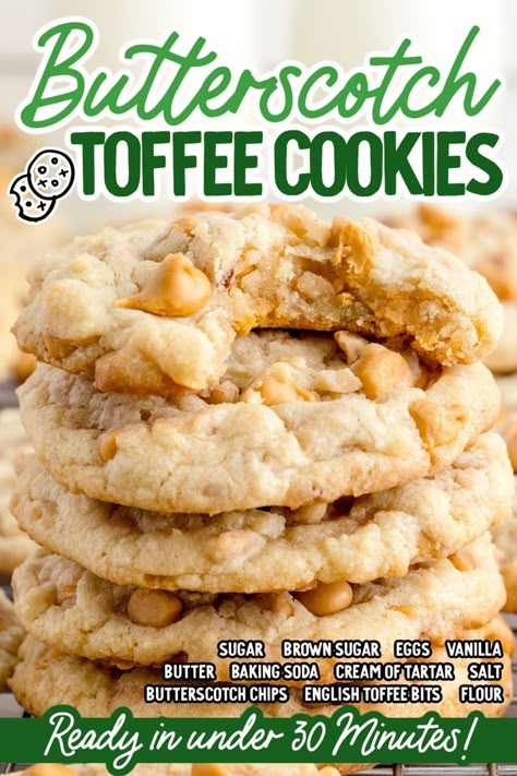 These divine butterscotch toffee cookies are so sweet and chewy, they’ll make you want to go back for seconds. They are packed with butterscotch chips and toffee pieces that give these cookies a sweet flavor that will keep your taste buds begging for more. Butterscotch Toffee Cookies, Butterscotch Toffee, Cookie Dessert Recipes, Butterscotch Chip Cookies, Toffee Cookie Recipe, English Toffee Recipe, Butterscotch Recipes, Best Amish Recipes, Desserts With Chocolate Chips