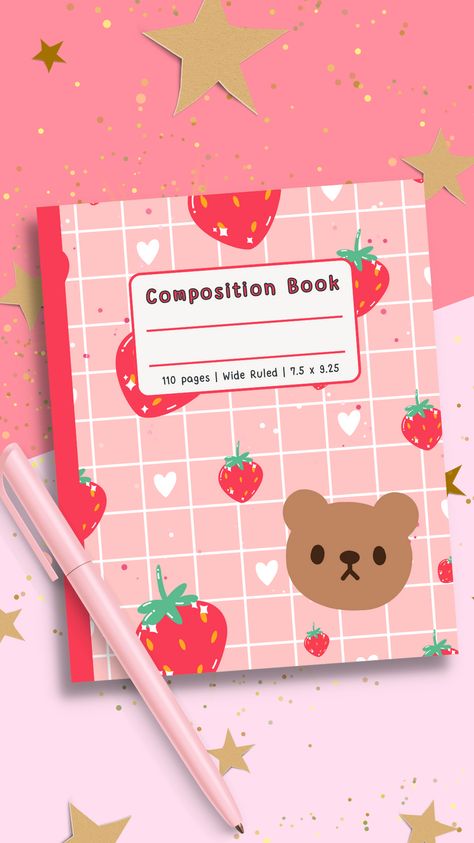 These Kawaii Composition notebooks are perfect for journaling, note-taking, doodling, and more. With their adorable designs, you'll never want to put them down. Whether you're in school, at work, or just need a place to jot down your thoughts, our Kawaii Composition Notebooks are the perfect addition to your stationery collection. #stationery #backtoschool #planneraddict #bujo #bulletjournal #journalling #writing #illustration #strawberrybear #pink #red #deskessentials #notebooklove #journaling Kawaii Composition Notebook, Bear Cute Aesthetic, Art Book Aesthetic, Kawaii Stationery Notebooks, Cute Aesthetic Journal, Kawaii Book, Notebooks For Journaling, Writing Illustration, Journal For School