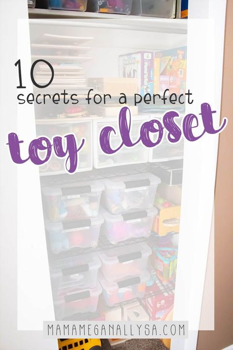 Hallway Closet Toy Storage, In Closet Toy Storage, Linen Closet Toy Storage, Toy Rotation Storage Closet, Organize Toys In Closet, Small Toy Closet Organization, Organized Toy Closet, Toy Storage Ideas Closet, Toy Organization In Closet