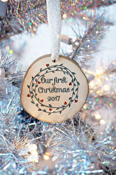 Diy 1st Christmas Ornaments, Christmas Gift Ideas For Couples, Newlywed Christmas Ornament, Gifts For Boyfriend Christmas, Christmas Ideas For Boyfriend, Gift Ideas For Couples, Our First Christmas Ornament, Tree Slice, Mercury Glass Christmas Ornaments