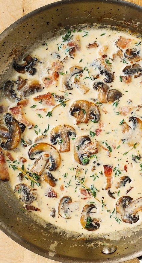 Mushroom Sauce with Bacon and Thyme #mushrooms #mushroomsauce Creamy Mushroom Sauce With Bacon And Thyme, Mushroom Thyme Sauce, Creamy Mushroom Sauce For Pork, Mushroom Bacon Soup, Creamy Thyme Sauce, Mushrooms Sauce, Cook Mushrooms, Creamy Sauces, Bacon Sauce