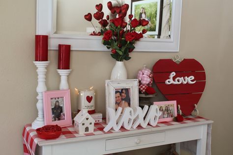 Entry Table Decor Valentines, Valentines Curtain Ideas, Valentine’s Day Coffee Bar Ideas, Valentine’s Day Island Decor, Valentine’s Day Front Entry Table Decor, Valentine’s Day Cabinet Decor, Valentine Entryway Table, Valentines Shelf Decor Ideas, Valentine’s Day Shelf Decor