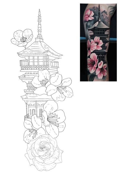 Japanese Lantern Tattoo Design, Japanese Architecture Tattoo, Japanese Building Tattoo, Japanese Pagoda Tattoo, Japanese Temple Tattoo Design, Japanese Lantern Tattoo, Stencil Tattoo Ideas, Japanese Temple Tattoo, Building Tattoo