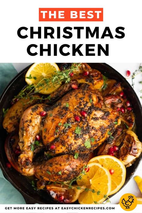 This Christmas chicken is slathered in herb butter and roasted on a bed of oranges, lemons, and garlic and then garnished with pomegranate seeds for tons of fa-la-la-la-flavor! Roasted Chicken For Christmas, Whole Chicken Christmas Dinner, Christmas’s Dinner Idea, Roast Chicken For Christmas, Christmas Whole Chicken Recipes, Christmas Whole Chicken, Roasted Chicken Christmas, Roast Chicken Christmas, Xmas Chicken Recipe