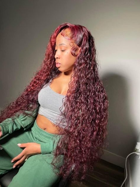 Colored Curly Wigs For Black Women, Free Part Deep Wave Wig, Burgundy Water Wave Wig, Colored Curly Wig, Girl Hair Colors, Frontal Wig Hairstyles, Wig Colors, Wig Install, Quick Weave Hairstyles