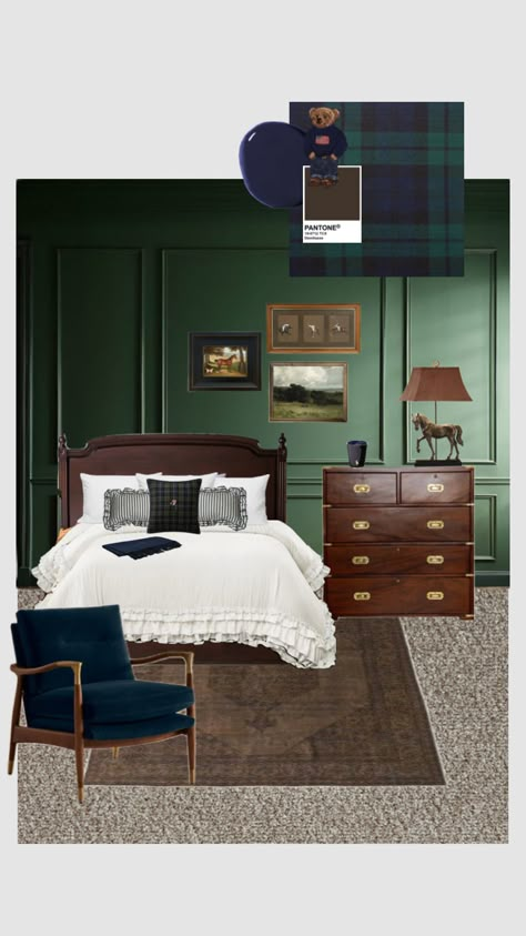 Ralph Lauren bedroom 🧸 Cowgirl Apartment, Basement Dry Bar, Hunter Green Bedrooms, Vintage Ivy League, Internship Portfolio, Ivy League Aesthetic, Twin Boys Bedroom, Cowboy Bedroom, Ralph Lauren Bedroom