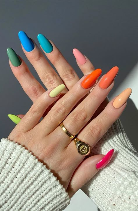 Colourful Acrylic Nails, Different Color Nails, Nagellack Trends, Nails Colorful, Summer Gel Nails, Cute Summer Nails, Nails 2022, Gel Nail Colors, Thanksgiving Nails