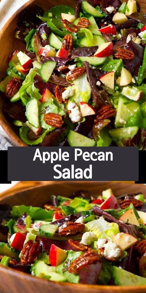 Apple pecan salad in a wooden bowl, with dressing and salad servers on the side. Salad Recipes With Pecans, Romaine Salad Recipes With Apples, Fall Salad Recipes Romaine, Apple Fall Salad Recipes, Salad With Apples And Goat Cheese, Maple Pecan Salad, Autumn Spinach Pecan Salad, Apple Pecan Fall Salad, Easy Harvest Salad