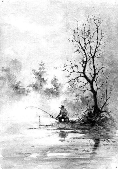 Pencil Sketches Landscape, Man Fishing, Landscape Pencil Drawings, Nature Art Drawings, Nature Sketch, Landscape Sketch, White Drawing, Art Drawings Sketches Pencil, Charcoal Art