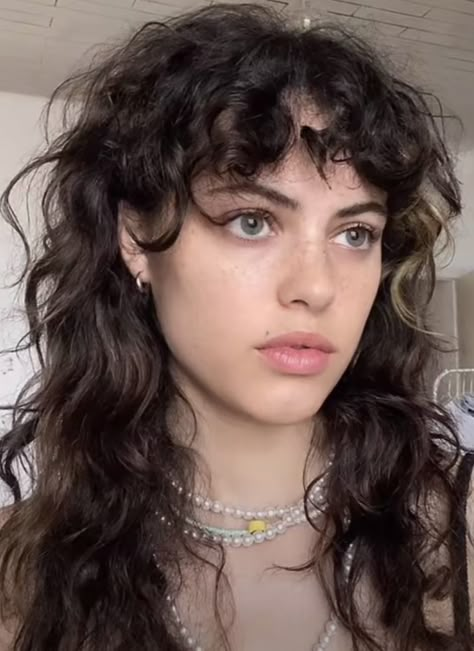 Wolf Cut Ricci, Cub Cut Hairstyle Women, Long Wolf Cut Curly Hair, Shag With Long Curtain Bangs, Curly Shullet, Wavy Mullet Women, 70 Haircut, Lady Mullet, Edgy Curly Haircut