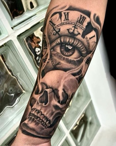 Eye Sleeve Tattoo, Skull Clock Tattoo, Tattoos For Guys Forearm, Realistic Eye Tattoo, Arm Tattoos For Guys Forearm, All Seeing Eye Tattoo, Cool Half Sleeve Tattoos, Skull Sleeve Tattoos, Clock Tattoo Design