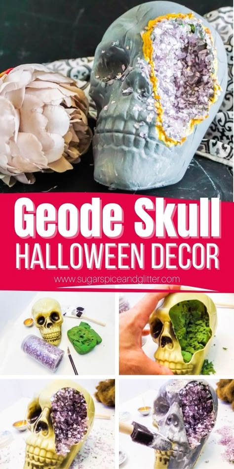 Diy Dollar Tree Skull Decor, Moss Skull Diy, Foam Skull Ideas, Resin Skull Diy, Gothic Decor Diy Ideas, Diy Halloween Skull Decorations, Foam Skull Crafts, Foam Skull Diy, Styrofoam Skull Ideas