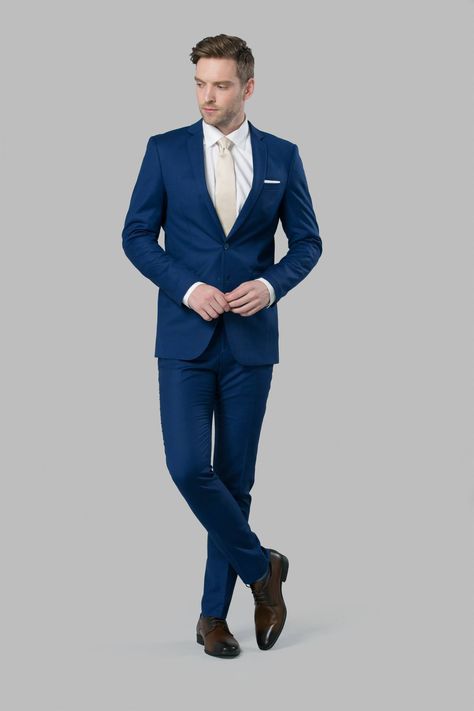 Navy Suit with Champagne tie Suit With Champagne Tie, Blue Suit Style, Deep Blue Suit, Cobalt Blue Suit, Blue Groomsmen Suits, Cobalt Blue Weddings, Notch Lapel Suit, Blue Groomsmen, Blue Tux