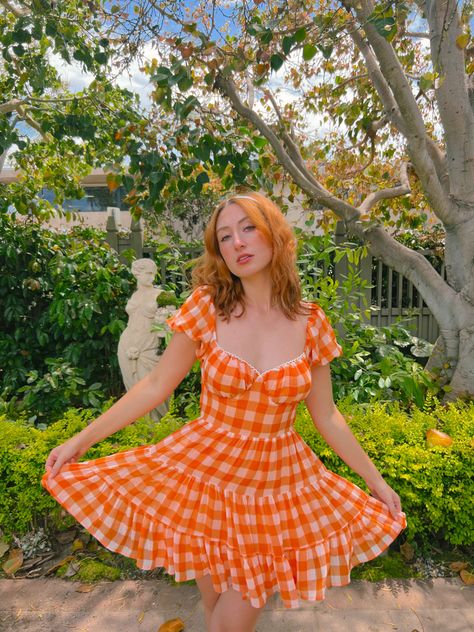 princess polly orange dress 💌 cottagecore aesthetic, cottage core, orange dress, princess dress, puffy sleeves, flower garden, dreamy vibes, romantic style, babydoll, #orangedress #cottagechic #cottagecorefashion #romanticstyle #gardenstyle #orangeoutfit #dreamyaesthetic Fancy Designer Dresses, Blossom Core, Descendants Clothes, Outfit Ideas For Ocs, Dress Puffy Sleeves, Dynamic Trio, Aesthetic Cottage Core, Ideas For Ocs, Orange Gingham