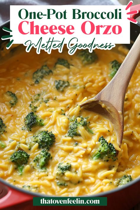 One Pot Broccoli Cheese Orzo Quick Veggie Dinner Ideas, Easy Creamy Orzo Recipes, Orzo Recipes Parmesan, Broccoli Cheese Orzo Soup, Broccoli Ideas Healthy, Orzo Easy Recipe, Easy Orzo Dinner Recipes, Easy Recipes With Broccoli, Cheddar Broccoli Orzo