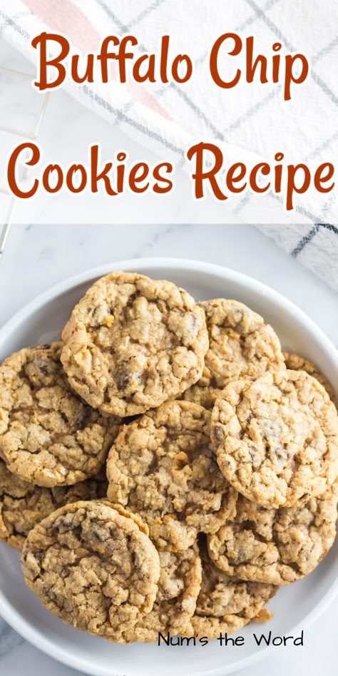 Buffalo Chip Cookies is a recipe I’ve had up my sleeve for a while now. They’re easy, Ahh-mazing, and a break from the original chocolate chip cookie that everyone will love! #numstheword #buffalochipcookies #buffalochocolatechipcookies #buffalochipcookierecipe #buffalochipcookiesrecipe #buffalochipscookies #bestbuffalochipcookies #buffalochipcookie #chocolatechipbuffalocookies #buffalocookies Buffalo Chip Cookies, Buffalo Cookies, Colossal Cookies, Ground Beef Meatballs, Leftover Cranberry Sauce, Pork Bacon, Cold Appetizers, Breakfast Drink, Delicious Cookies