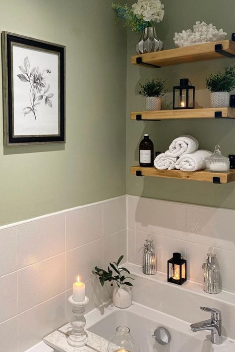 28 Bathroom Counter Decor Ideas To Quickly Upgrade Your Space - The Chic Quota Small Country Style Bathroom, Olive And Gold Bathroom, Green Tone Bathroom Ideas, White Green Wood Bathroom, Shared Family Bathroom, Dark Green Bathroom Ideas Decor, Sage Bathroom Ideas Decor, Big Bathroom Decor Ideas, Normal Bathroom Ideas