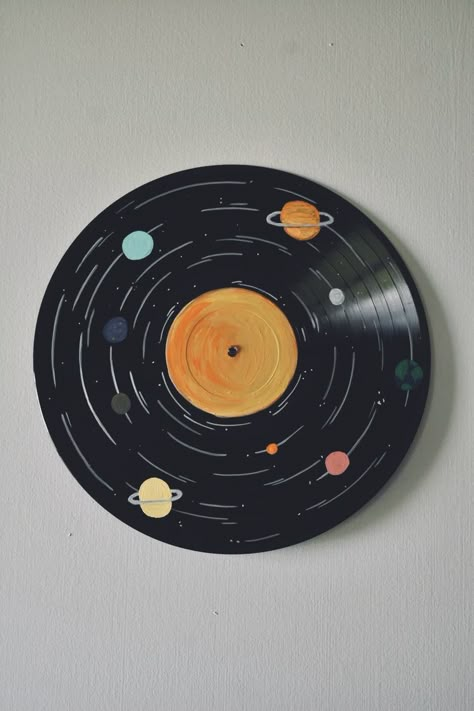 Record Art Ideas, Painted Vinyl Record, Vinyl Record Art Ideas, Painted Records, Vinyl Art Paint, Record Painting, Space Solar System, Aesthetic Wall Decor, Painted Vinyl