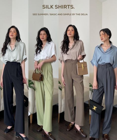 Official Dresses For Work, Women Office Outfits, Smart Casual Women Outfits, Neat Casual Outfits, Smart Casual Women, Smart Casual Work Outfit, Casual Work Outfits Women, Silk Shirts, Corporate Attire