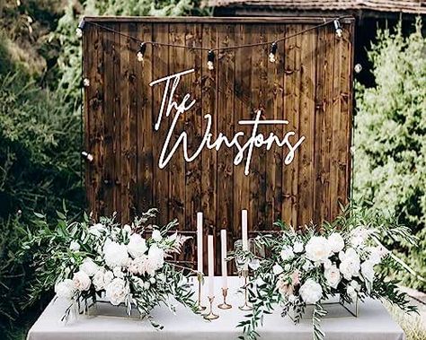 Rustic Head Table Back Drop, Head Table Backdrop Greenery, Wedding Backdrop Behind Large Head Table, Last Name Sign Lights, Sweetheart Table Wedding Grass Backdrop, Last Name Wood Sign, Family Wood Signs, Wooden Wedding Signs, Wooden Name Signs