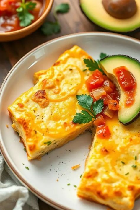 Cheesy breakfast casserole with slices of avocado and tomato garnish on a plate. Tortilla Egg Bake, Cheese Egg Casserole, Cottage Cheese Egg Bake, Cottage Cheese And Eggs, Cheese Egg Bake, Egg Casseroles, Wholesome Breakfast, Soft Tortillas, Casserole Ideas