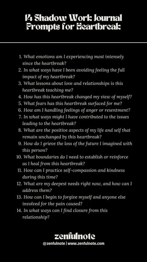 Shadow work focusing on heartbreak involves delving into the pain, loss, and lessons stemming from the end of relationships, allowing for healing and growth. Navigating heartbreak requires time, patience, and self-care. As you engage with these questions, remember to treat yourself with kindness. Journaling Prompts For Heartbreak, Shadow Work For Breakups, Friendship Journal Prompts, Breakup Journaling Prompts, Shadow Work To Get Over Someone, Shadow Work Questions For Relationship, Healing Shadow Work, Breakup Shadow Work Prompts, Shadow Work For Relationships
