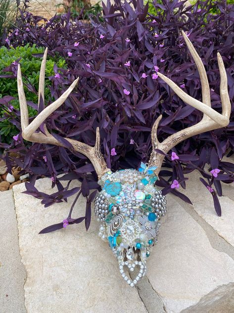 Rhinestone Deer Skull With Antlers, Hand Set With Crystals, Beads, Stones, Bling, Wall Art, Original Art, Repurposed Art, Wreath Centerpiece - Etsy Deer Horn Decor, Decorated Cow Skulls, Deer Skull With Antlers, Deer Skull Decor, Skull With Antlers, Euro Mounts, Deer Head Decor, Deer Skull Art, Painted Skulls