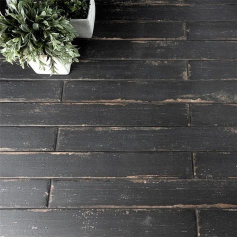 Merola Tile Retro Nero 2-3/4" x 23-1/2" Porcelain Floor and Wall Tile - Bed Bath & Beyond - 11669600 Tile And Dark Wood Floor Transition, Painted Wood Floor Bathroom, Black Wood Floor Bathroom, Mismatched Tile Floor, Entryway Tile Floor Farmhouse, Barbershop Flooring, Old Farmhouse Floors, Speakeasy Flooring, Mud Room Floor Tile