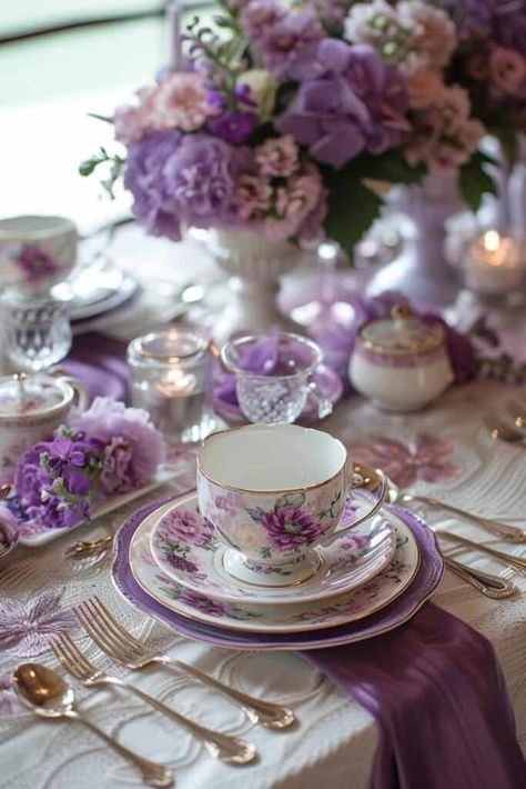 Lavender Tea Party Ideas, Ladies Tea Table Decorations, Table Decor For Tea Party, Purple Tea Party Decorations, Afternoon Tea Table Decorations, Whimsical Garden Tea Party, Afternoon Tea Tablescape, Tea Party Buffet Table Display, Bridgerton Tablescape