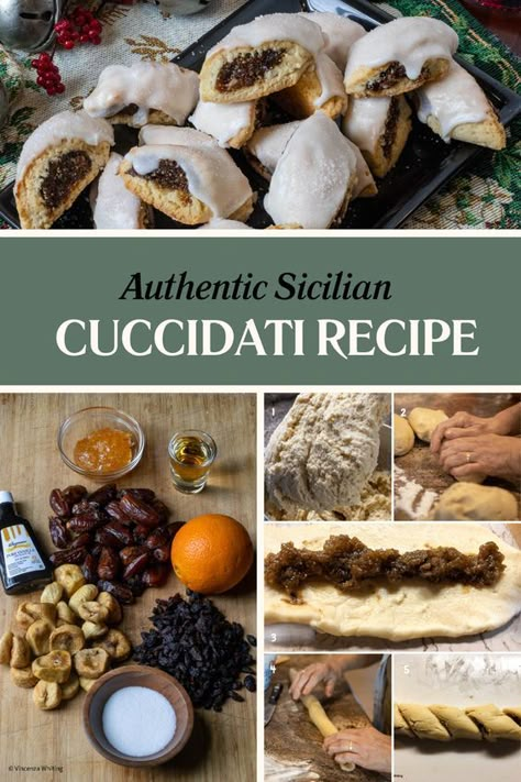 It wouldn’t be Christmas at our house, or any Sicilian house, without Nonna’s Cuccidati, Italian Fig Cookies. This classic Italian cookie is soft and tender, and it surrounds a filling made with a fragrant mix of dried fruit (figs and dates), oranges, jam, and Brandy. This is simply a delicious recipe! Fig Cookies Recipe, Sicilian Recipes Authentic, Sicilian House, December Baking, Sicilian Christmas, Italian Christmas Desserts, Authentic Italian Desserts, Jumbo Cookies, Italian Christmas Cookie Recipes