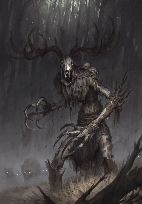 Leshen Monster Art, Skinwalker Concept Art, Leshen Monster Dnd, Dnd Skinwalker, D&d Creatures Monsters, Undead Creature Art, Windigo Monster Art, Leshen Witcher Art, Wendigo Concept Art