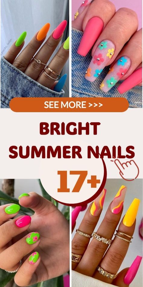 Neon Summer Nails, Firework Nail Art, Classy Almond Nails, Lime Green Nails, Firework Nails, Shiny Nails Designs, Pink Summer Nails, Neon Nail Designs, Neon Summer