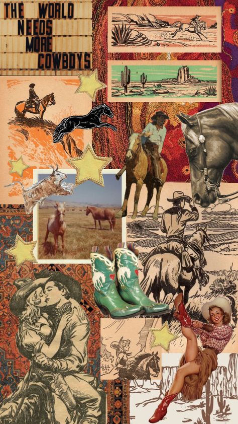 #vintage #western #cowboy #nature #horse #collage #collageart #cowgirl Punchy Western Wallpaper, Punchy Western Wallpaper Iphone, Cowboy Aesthetic Wallpaper, Fun Phone Wallpaper, Vintage Western Aesthetic, Horse Collage, Western Inspiration, Western Prints, Cowboy Love