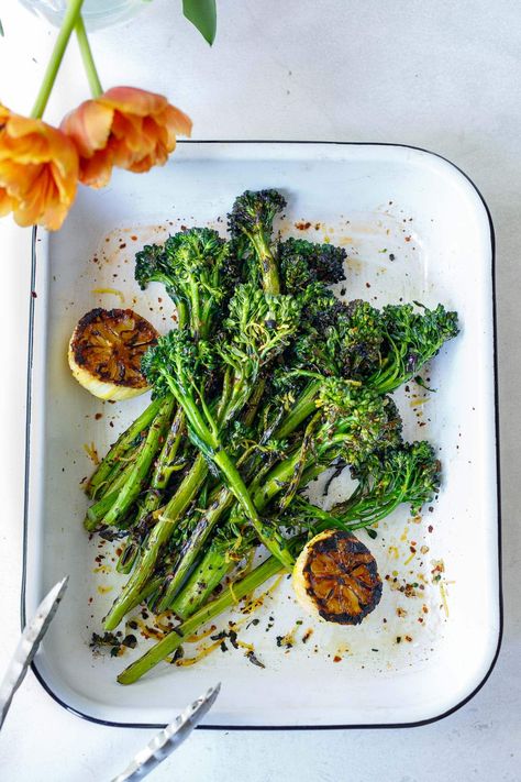 Grilled Broccolini with burrata cheese, toasted hazelnuts and basil oil- a tasty summer side dish perfect for outdoor dinners and gatherings. Broccolini Recipe, Grilled Broccolini, Salty Recipes, Basil Oil, Burrata Cheese, Summer Side Dish, Red Chili Flakes, Summer Side Dishes, Outdoor Dinner