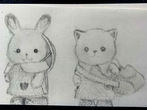 Bunny and cat Calico critters Bunny Calico Critter, Calico Critter Art, Calico Critter Drawing, Cat And Bunny Drawing, Bunny And Cat Drawing, Calico Drawing, Calico Critters Drawing, Sylvanian Families Drawing, Calico Critters Tattoo